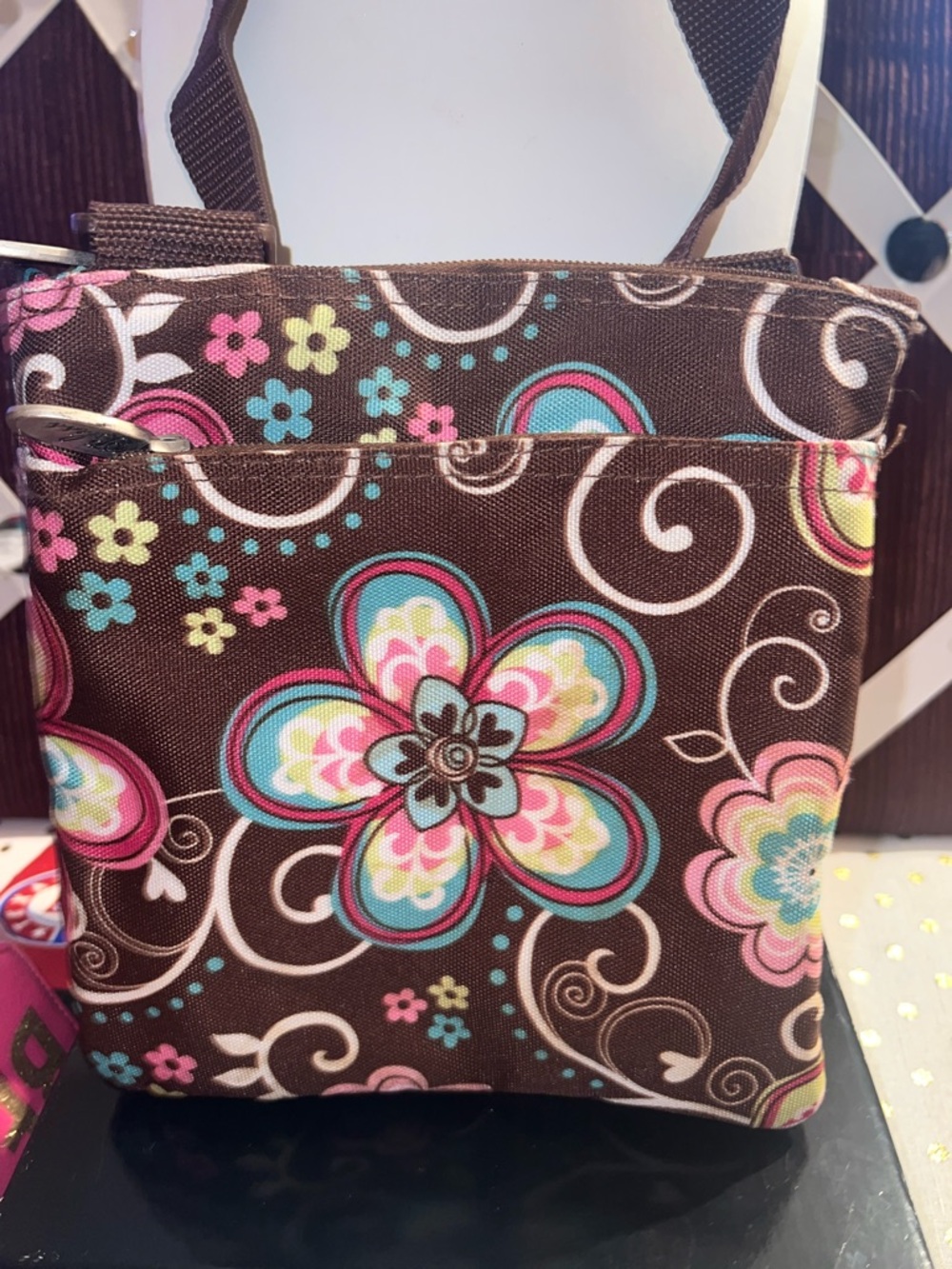 Women’s Floral Brown Crossbody Bag - Pink & Teal Accents